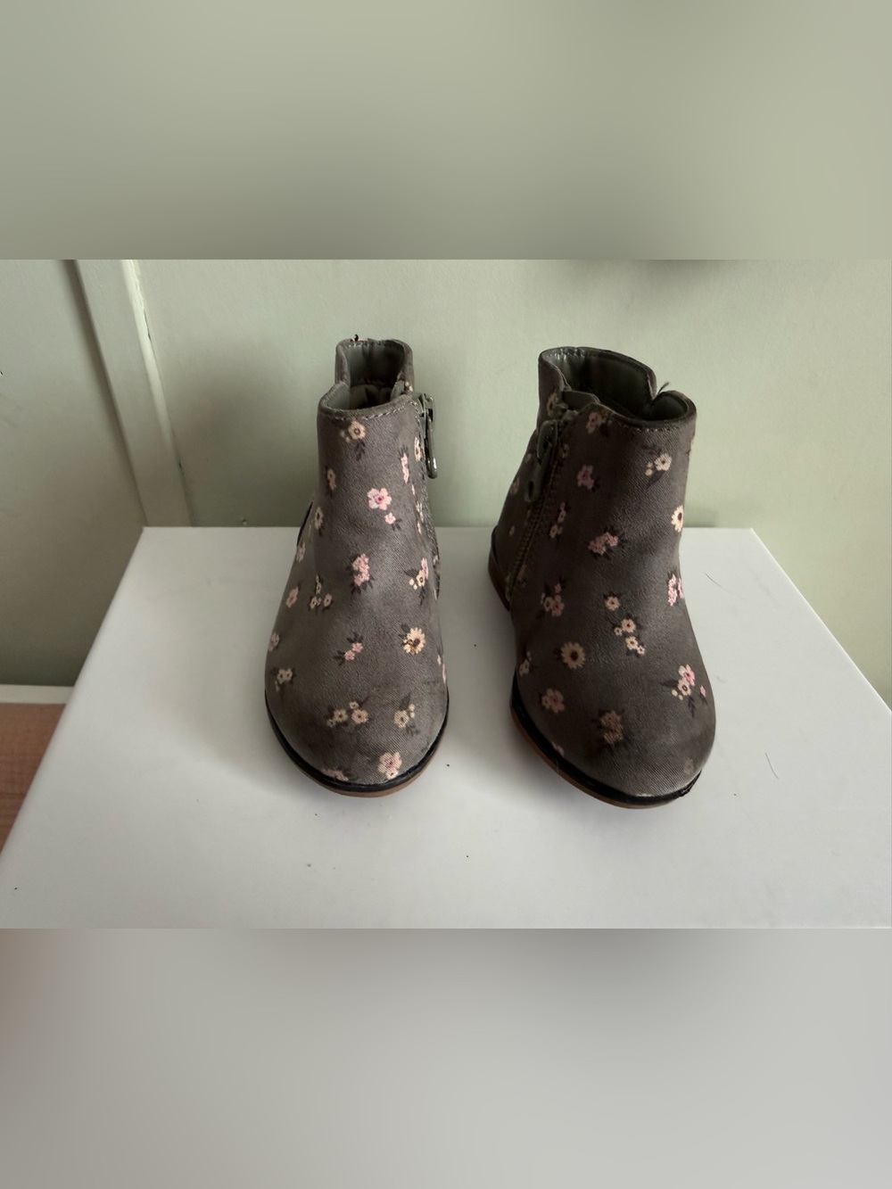 Kids Floral Ankle Boots in Gray with Pink Accents